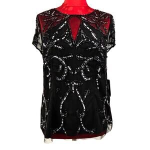 Adrianna Papell NWT black beaded illusion top cap sleeve blouse sequins Size 8